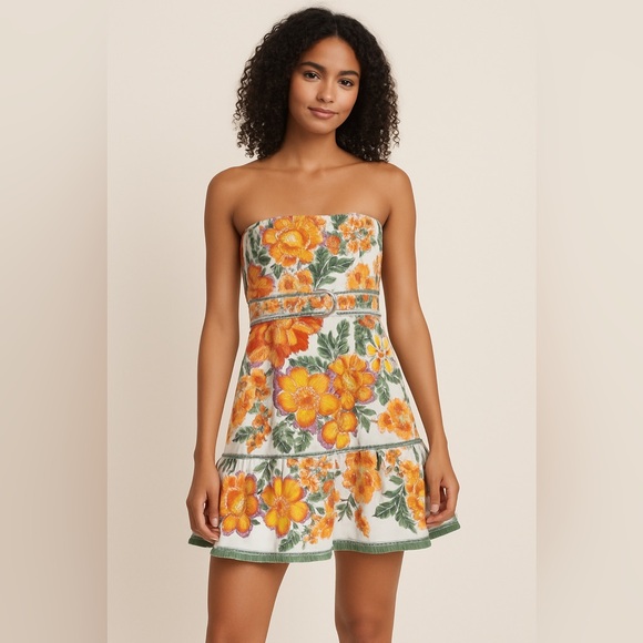 Joie Strapless Belted Dress with Orange and Green Floral Design NWOT - Picture 1 of 10
